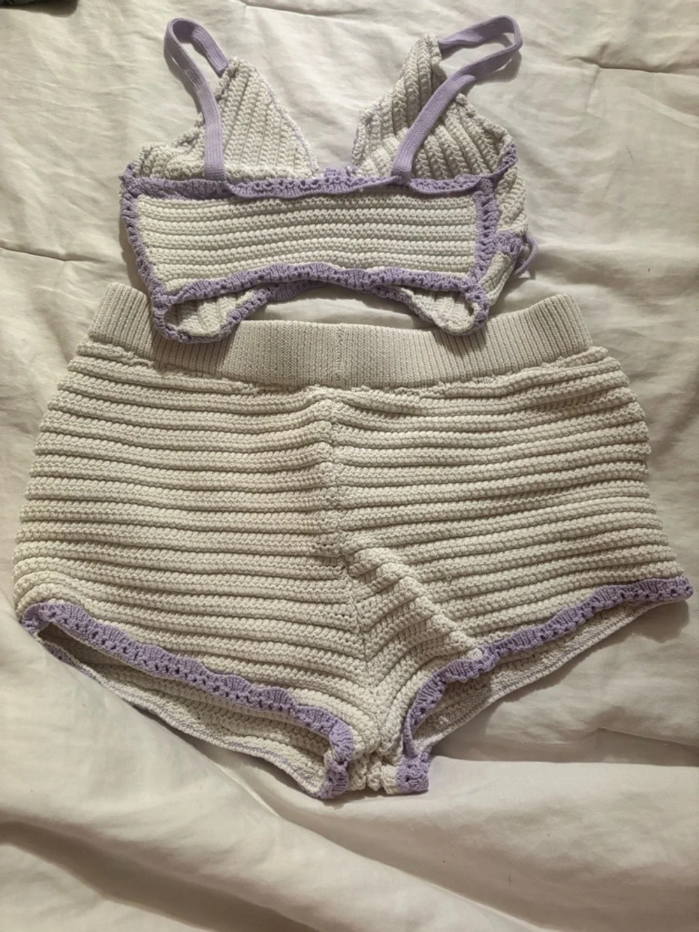 PINK VICTORIAS SECRET Crocheted Two-Piece Set in Cream with Lavender Trim - Picture 2 of 2